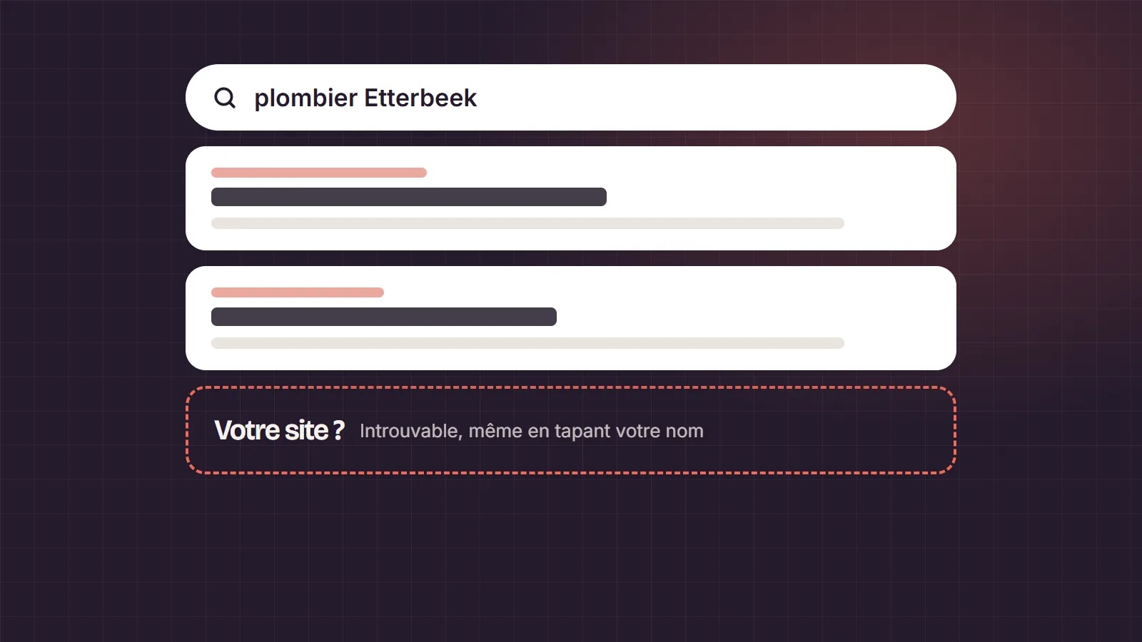 Une page de résultats de recherche où une place vide, en pointillés, attend le site de l’entreprise